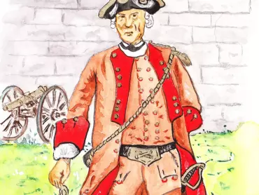 C. k. dělmistr (Büchsenmeister, prostý dělostřelec) z let sedmileté války. Kresba Haralda Skaly.